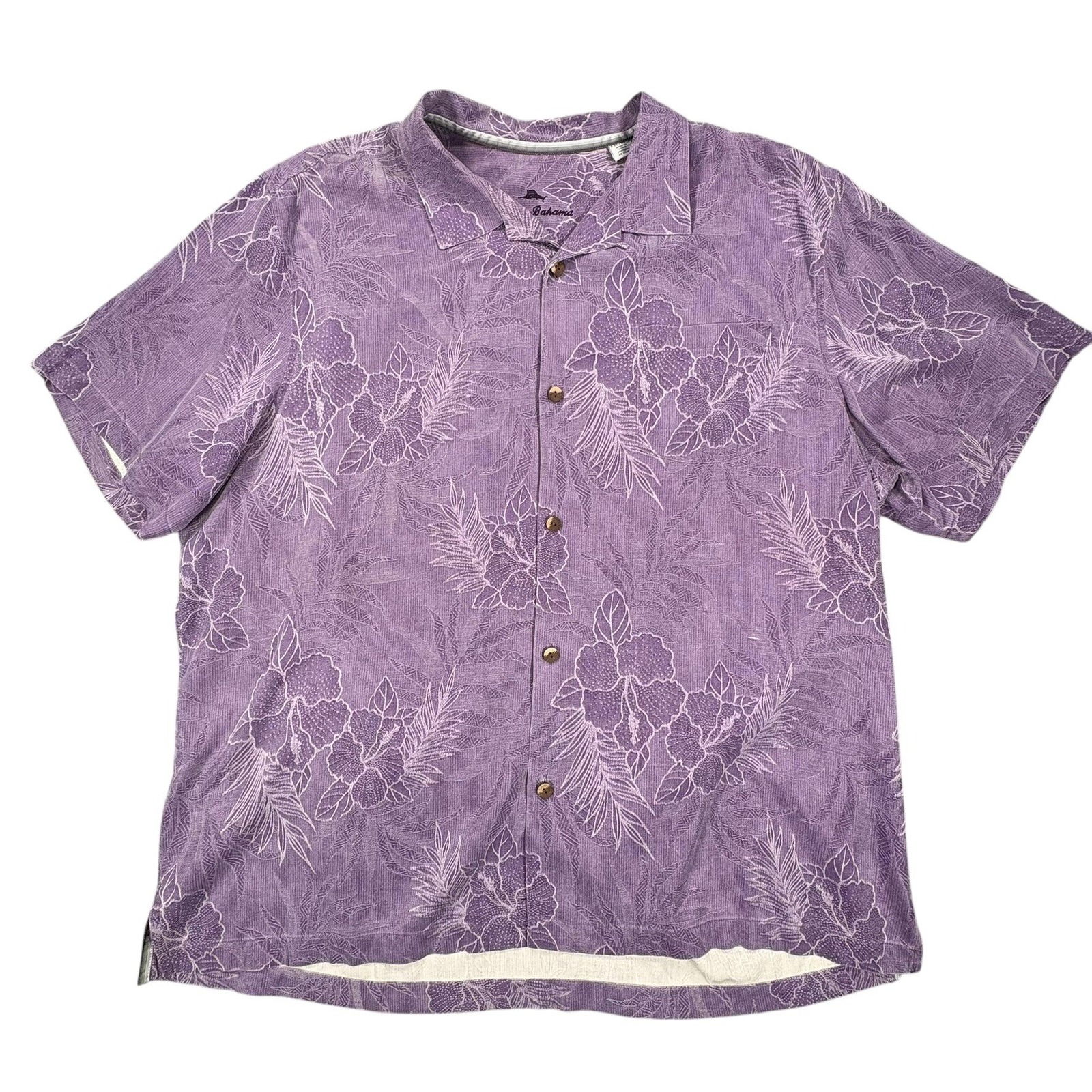 Tommy Bahama Silk Hawaiian Shirt Mens Xxl Purple Embroidered Floral Loop Collar